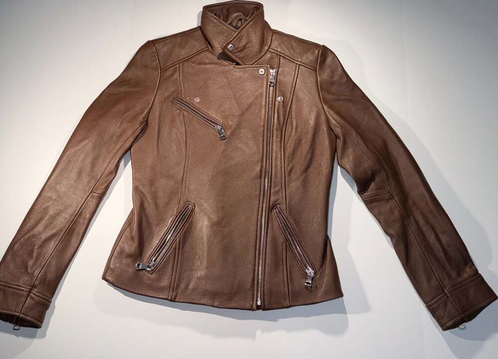 Calvin Klein Women's Brown Leather Asymmetrical Moto Jacket